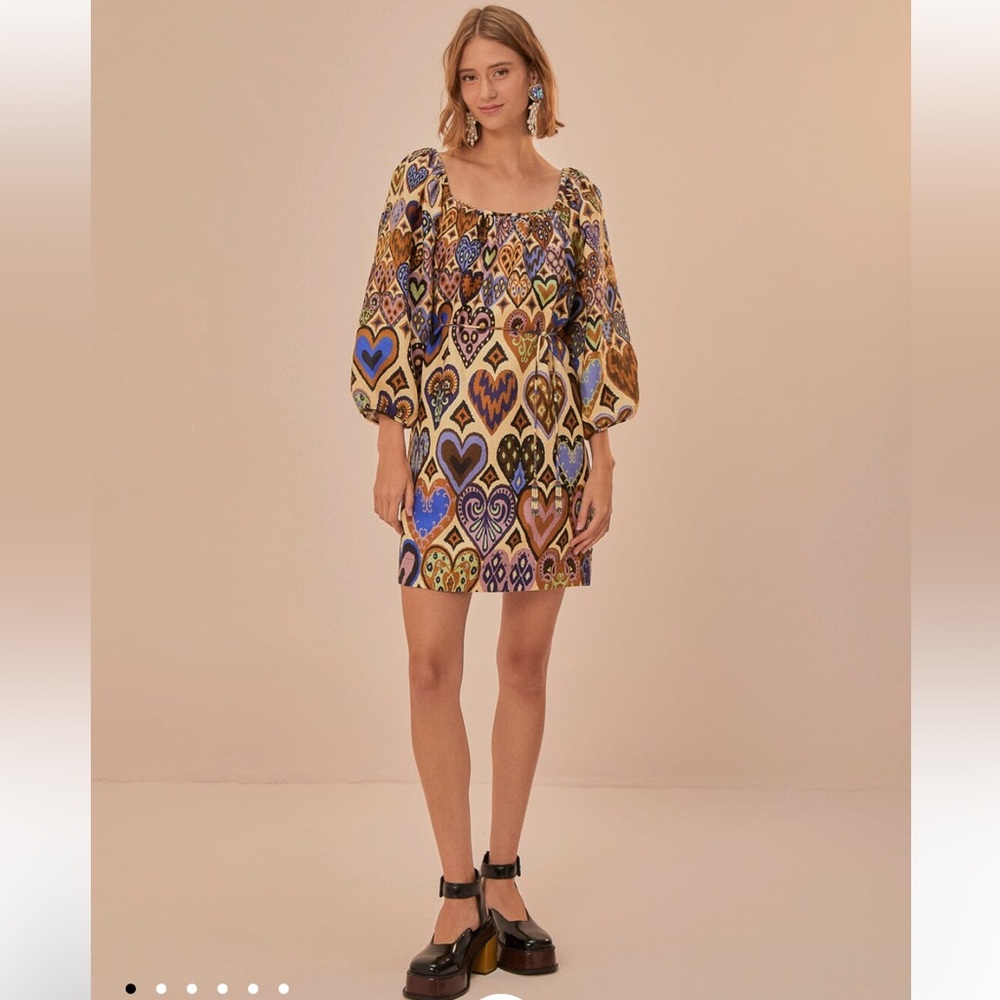 NWT Farm Rio Cream Hearts Ikat Long Sleeve Mini Dress Size Large